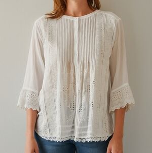 Johnny Was Boho White Eyelet Embroidered Lace Button Down Tunic Chic Lagenlook